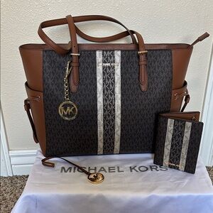 Michael Kors Gilly Brown and Tan Signature Tote with Matching Passport Wallet